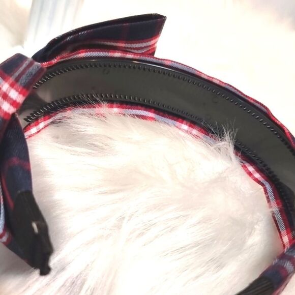 PLAID SIDE BOW HEADBAND navy blue white red fabric - Picture 5 of 6